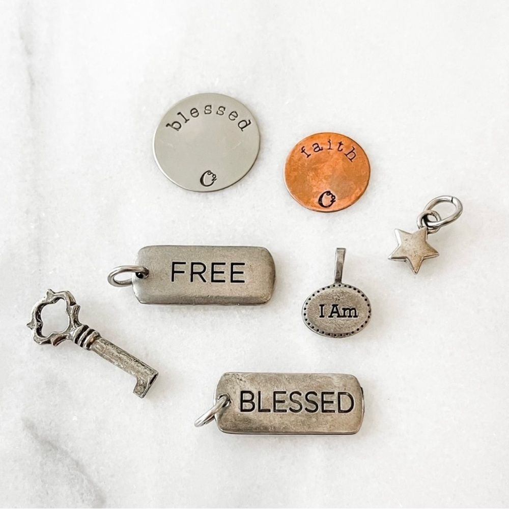 Origami Owl set of seven retired silver metal inspiration tags and plate charm.